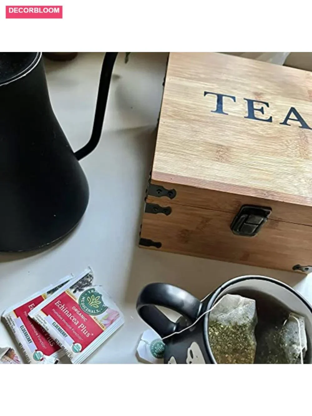 Bamboo Tea Organizer Box with 4 Adjustable Slots, Handmade Eco-Friendly Storage
